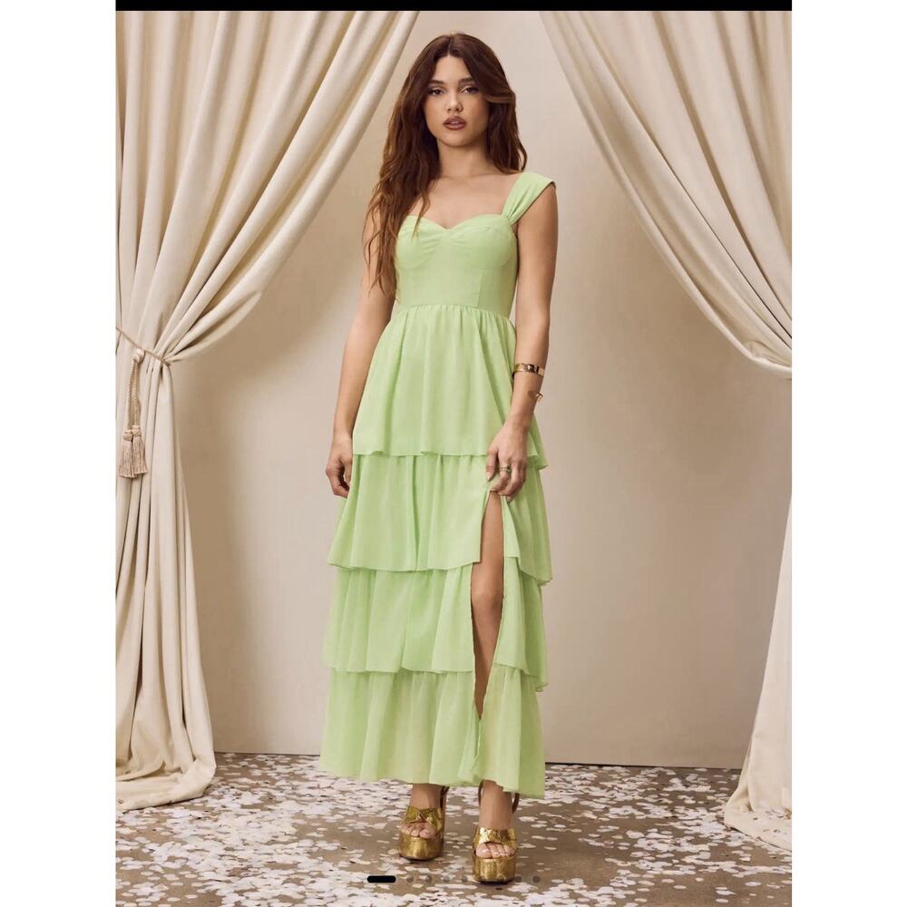 Cider Sweetheart Layered Chiffon Maxi Dress In Matcha Green Size Large